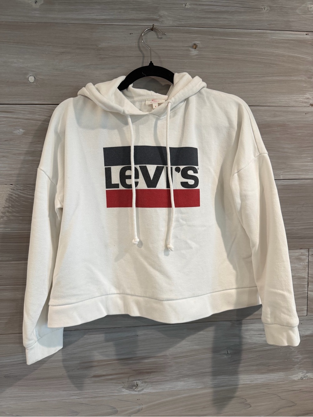 Levi's White Cropped Hoodie with Classic Navy and Red Logo